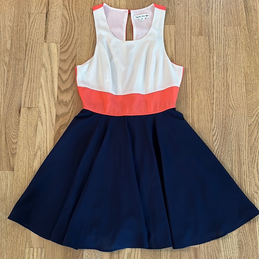Cream, coral and navy dress. Size small